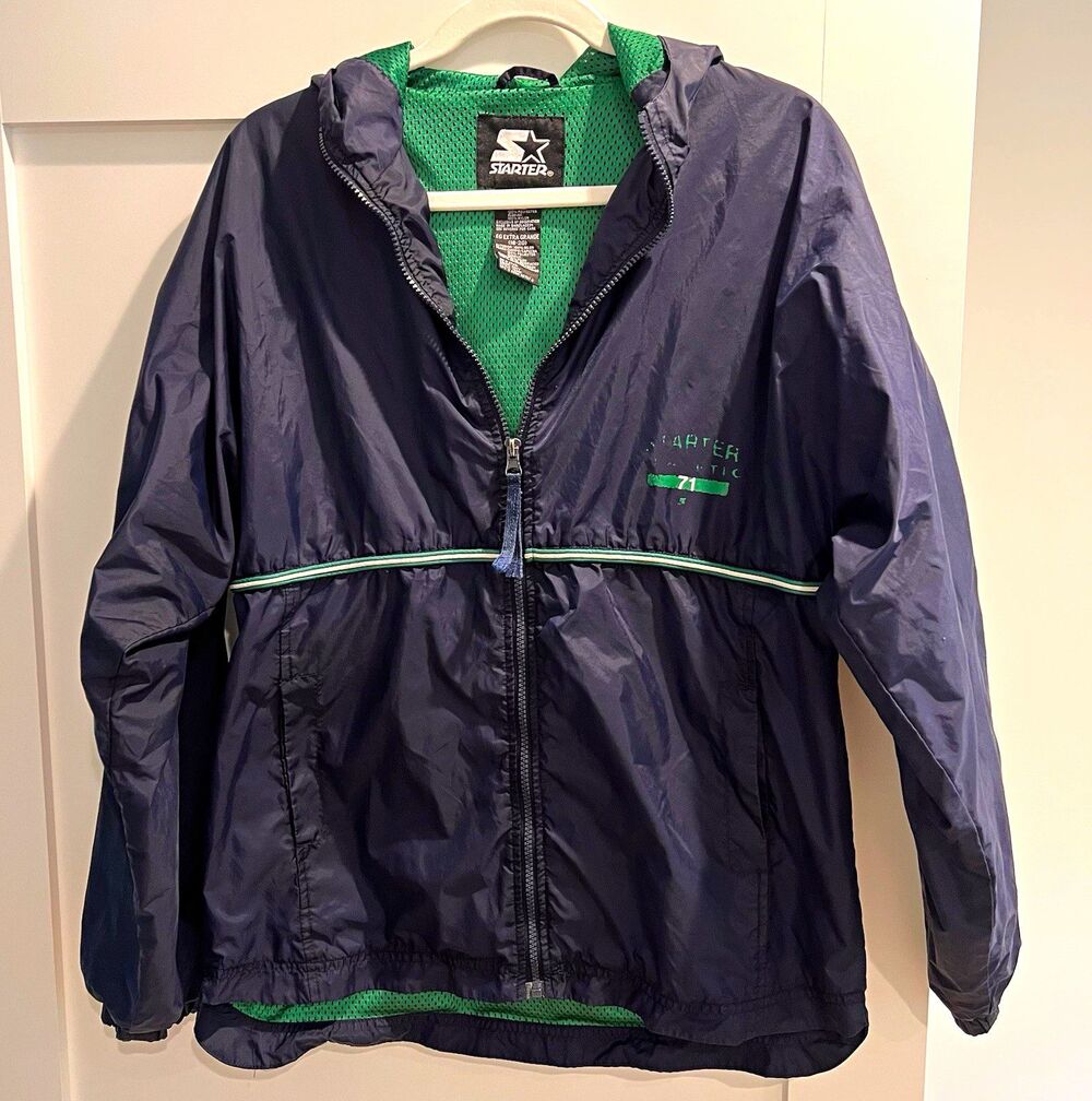 Starter Hooded Full-Zip Windbreaker Jacket Lined Navy/Green Men's XL